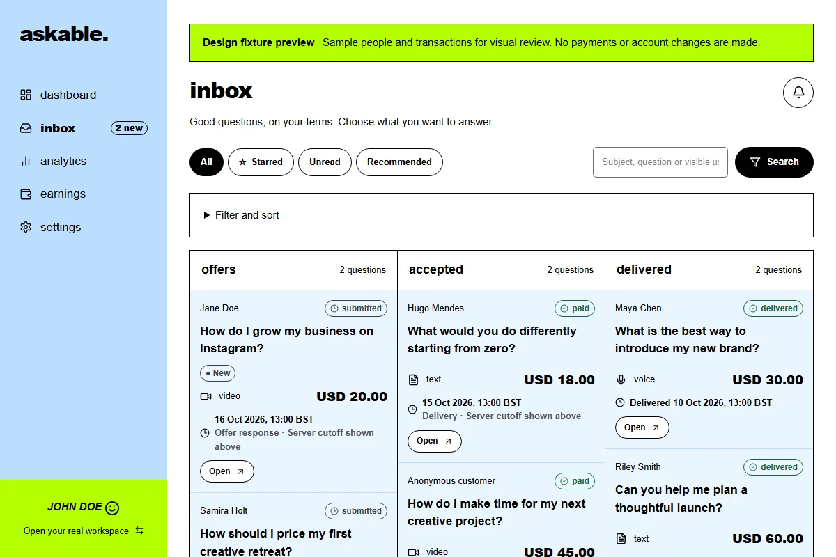 Example creator inbox with new offers, answers in progress and delivered answers.